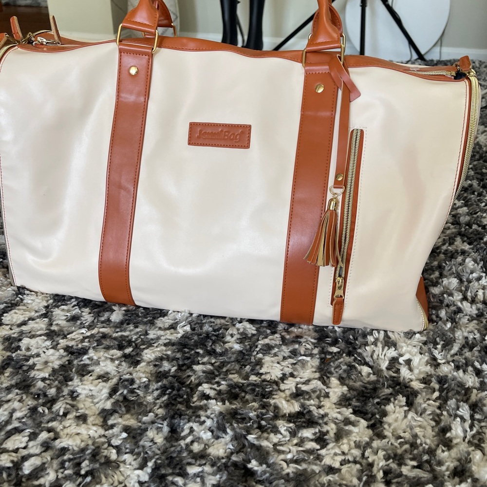 Cream and Brown Travel Bag with Leather Accents